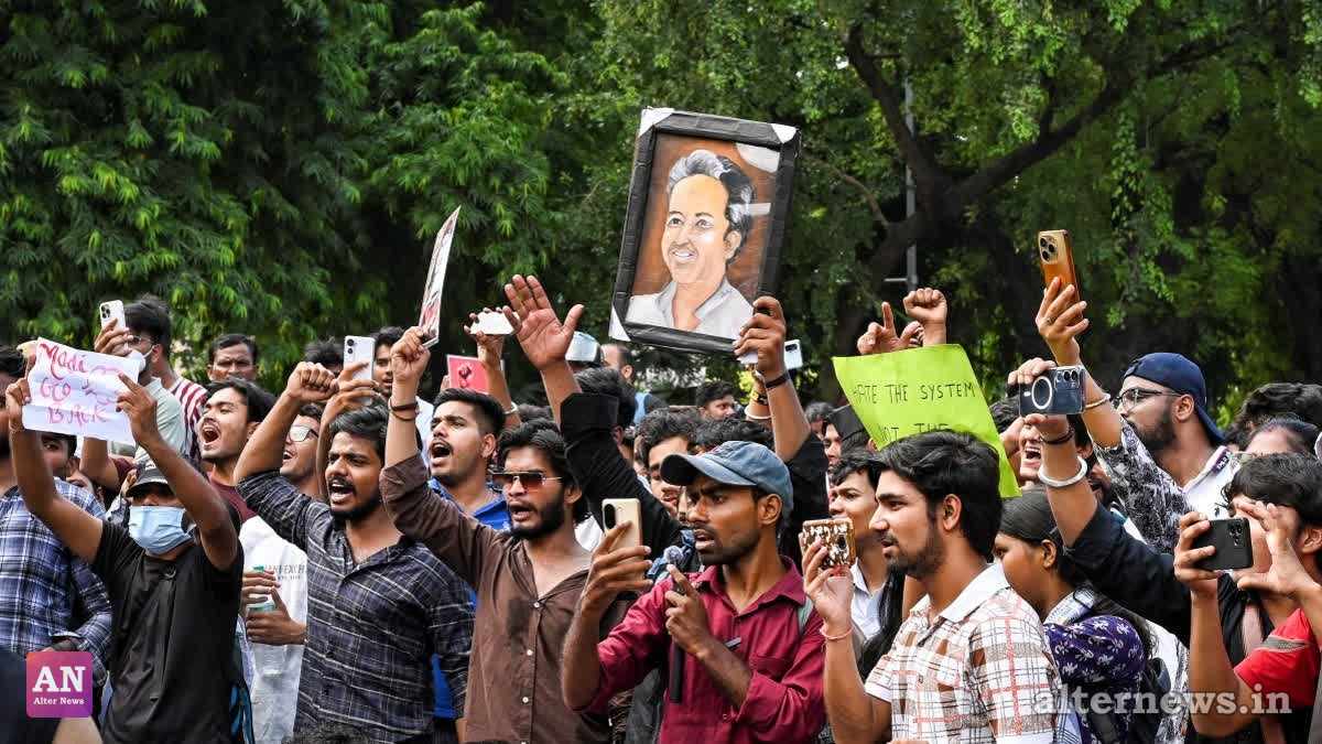 People gather at Sansad Marg to join the Cockroach Janta Party (CJP) protest demanding the resignation of Union Education Minister Dharmendra Pradhan over NEET paper leak issue, in New Delhi, Thursday, July 23, 2026. (PTI)