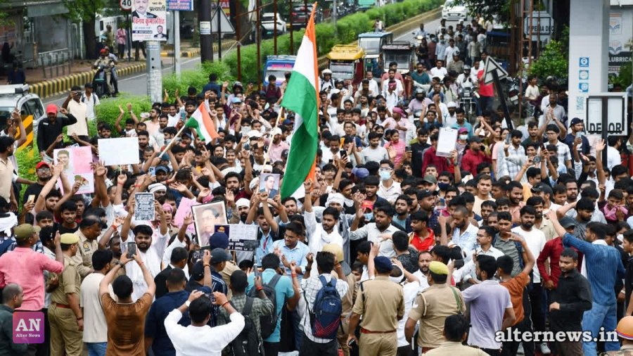 Students stage a protest in support of the Cockroach Janata Party (CJP), demanding the resignation of Union Education Minister Dharmendra Pradhan over alleged examination irregularities and NEET paper leak, in Prayagraj on July 25, 2026 (ANI)