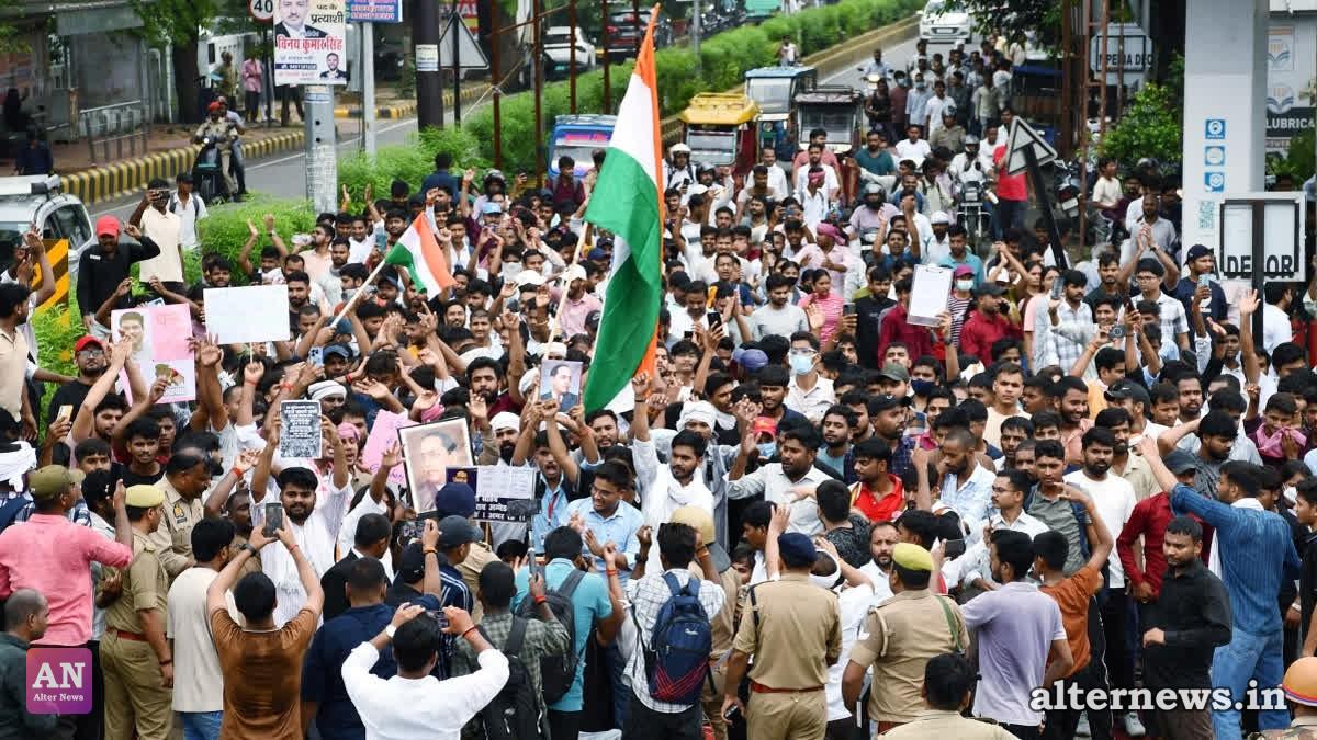 Students stage a protest in support of the Cockroach Janata Party (CJP), demanding the resignation of Union Education Minister Dharmendra Pradhan over alleged examination irregularities and NEET paper leak, in Prayagraj on July 25, 2026 (ANI)
