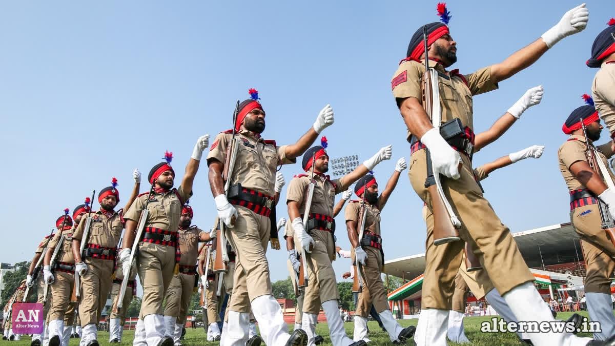 Punjab Police personnel take part in the full-dress rehearsal for India's Independence Day parade, in Amritsar on Thursday. (ANI)