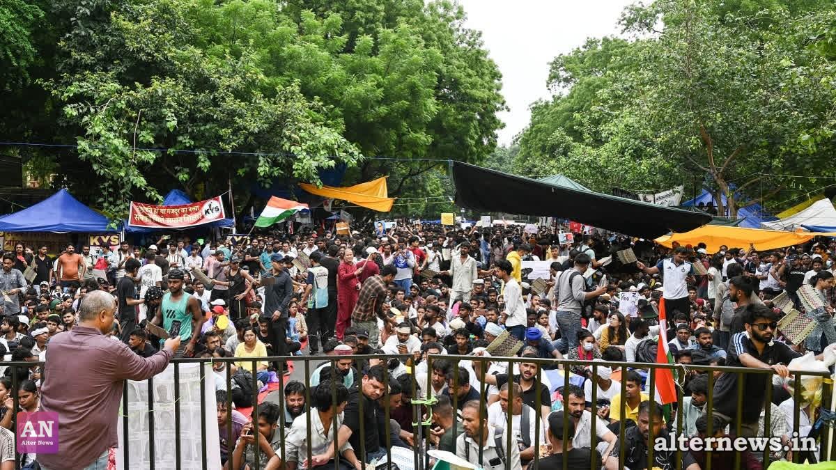 People continue to take part in Cockroach Janta Party's protest at Jantar Mantar demanding for Union Education Minister Dharmendra Pradhan's resignation over alleged examination irregularities and NEET paper leak, in New Delhi on July 24, 2026 (ANI)