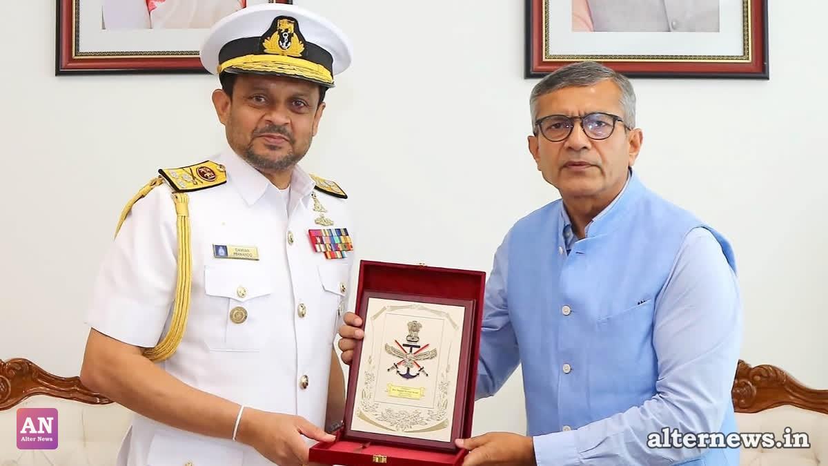 Sri Lankan Navy Commander Vice Admiral Damian Fernando pays a courtesy call on Defence Secretary Rajesh Kumar Singh in New Delhi on Thursday, August 27, 2026. (IANS)