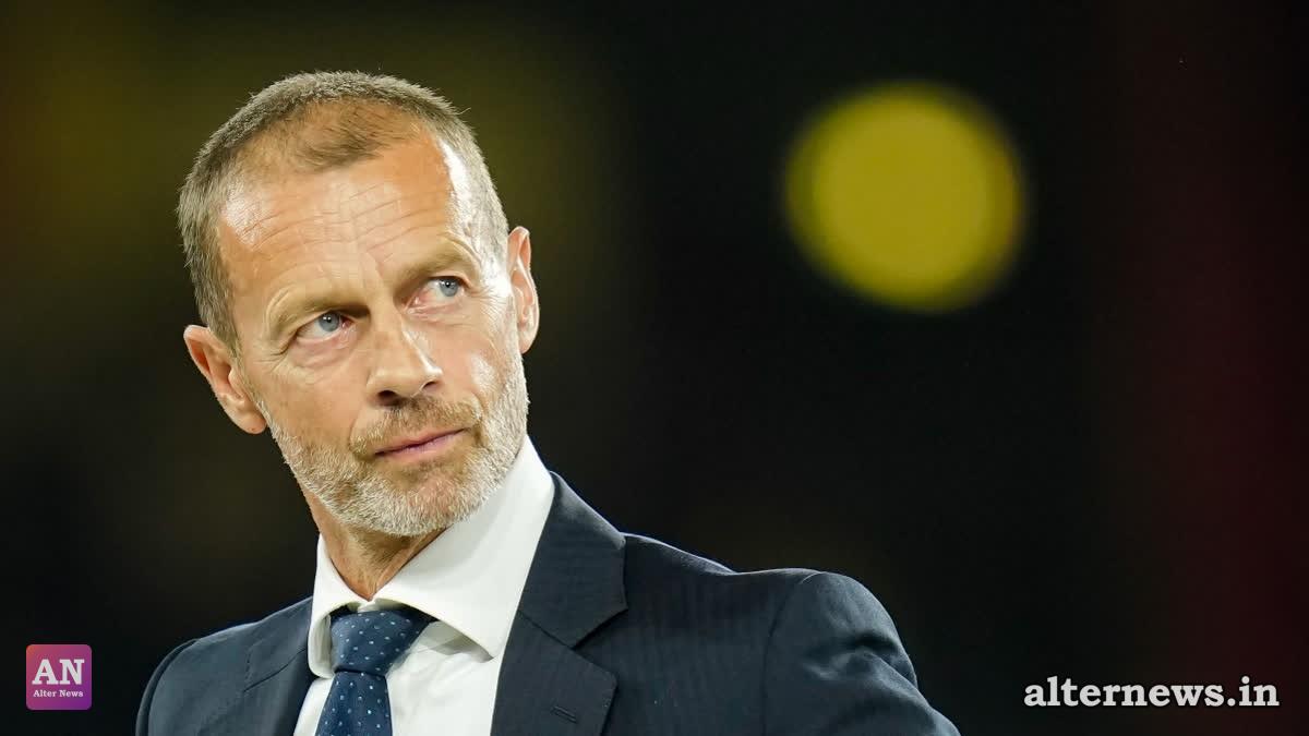 UEFA President Aleksander Ceferin looks on during the trophy ceremony at the end of the UEFA Super Cup soccer match between Paris Saint-Germain and Aston Villa in Salzburg, Austria, Wednesday, Aug.12, 2026. (AP)